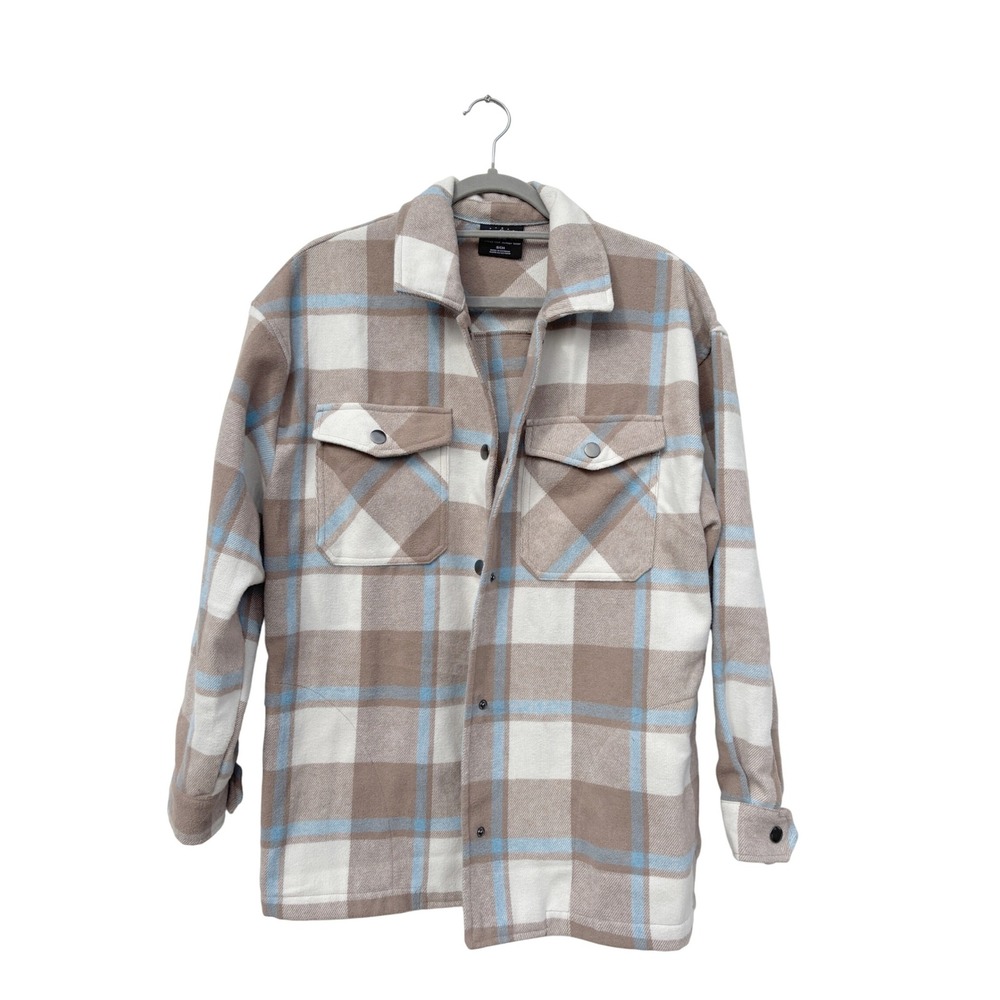 HFX‎ Women's Plaid Shacket Jacket Coat Brown Blue White Size Small